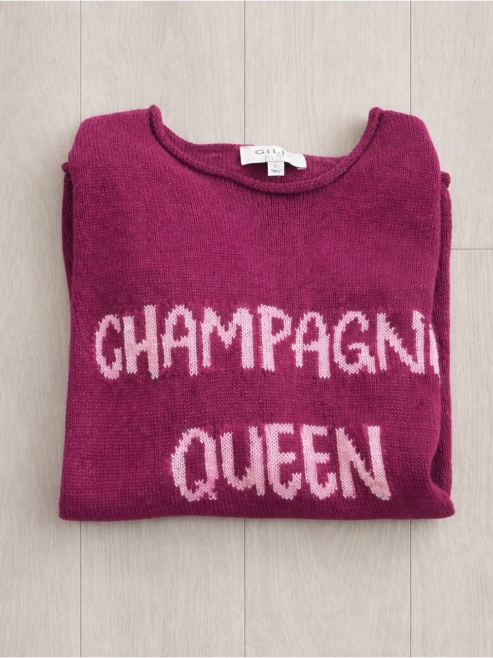 Gilli "Champagne Queen" Sweater Women's Large Pink Round Neck Lightweight Knit